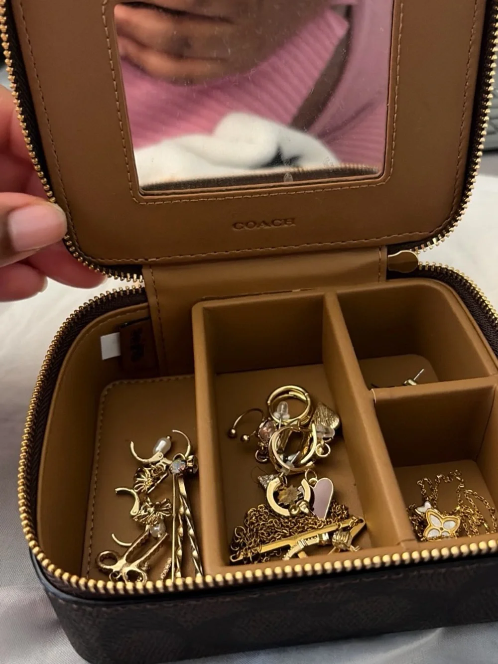 Coach Tan Brown Leather Jewelry Travel Case with Mirror
